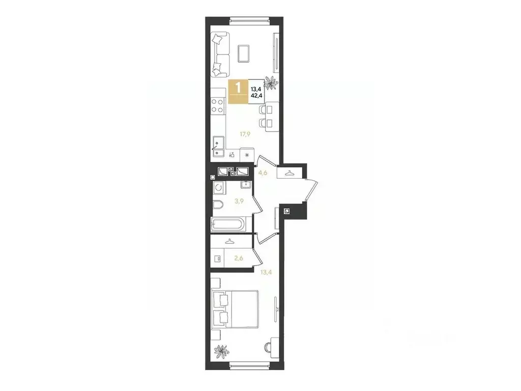 1-к кв. Краснодарский край, Краснодар Самолет кв-л,  (42.4 м) - Фото 1