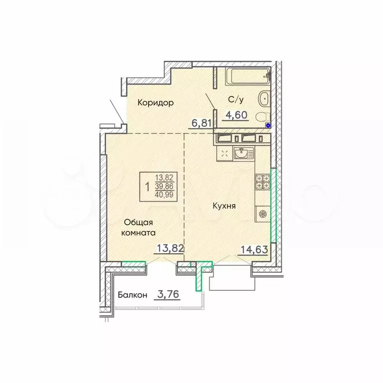 1-к. квартира, 41 м, 8/9 эт. - Фото 0