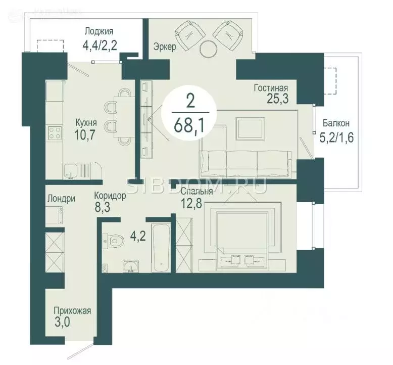 2-к кв. Красноярский край, Красноярск ул. Авиаторов, 24 (68.0 м) - Фото 1