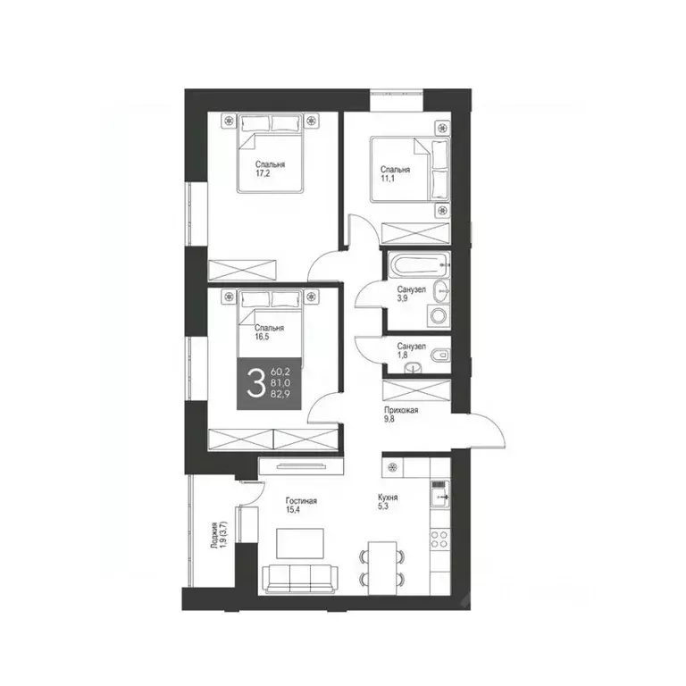 3-к кв. Татарстан, Альметьевск ул. Гафиатуллина, 60 (82.9 м) - Фото 1