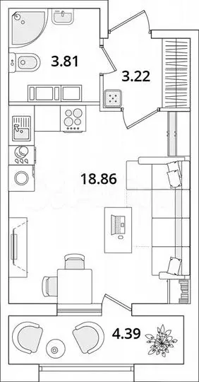 Квартира-студия, 28,1м, 15/22эт. - Фото 1