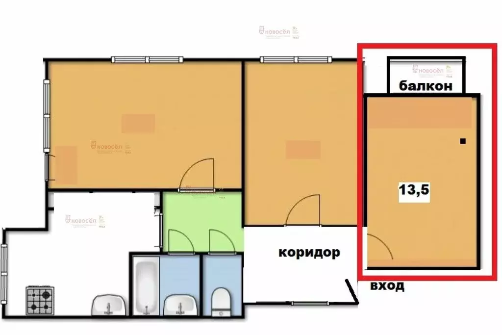 1к в 3-комнатной квартире (13 м) - Фото 1