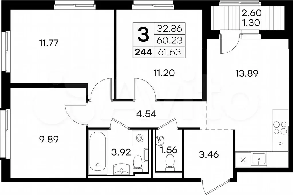 3-к. квартира, 61,5 м, 3/9 эт. - Фото 0