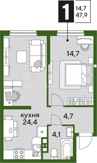 1-к. квартира, 47,9 м, 5/16 эт. - Фото 1