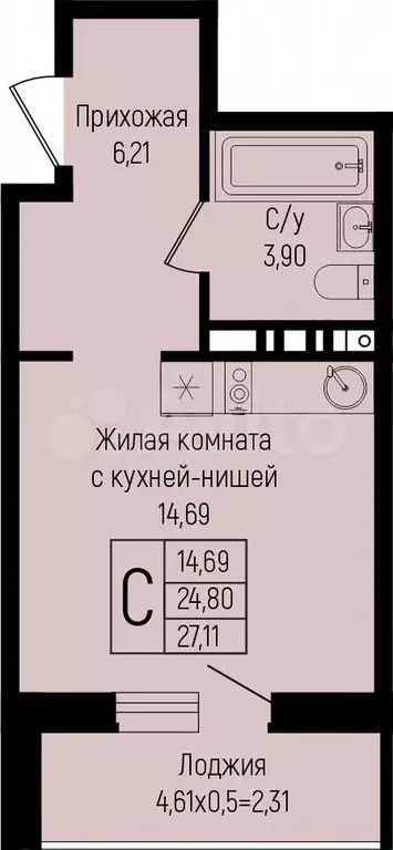 Квартира-студия, 27,1 м, 6/15 эт. - Фото 0