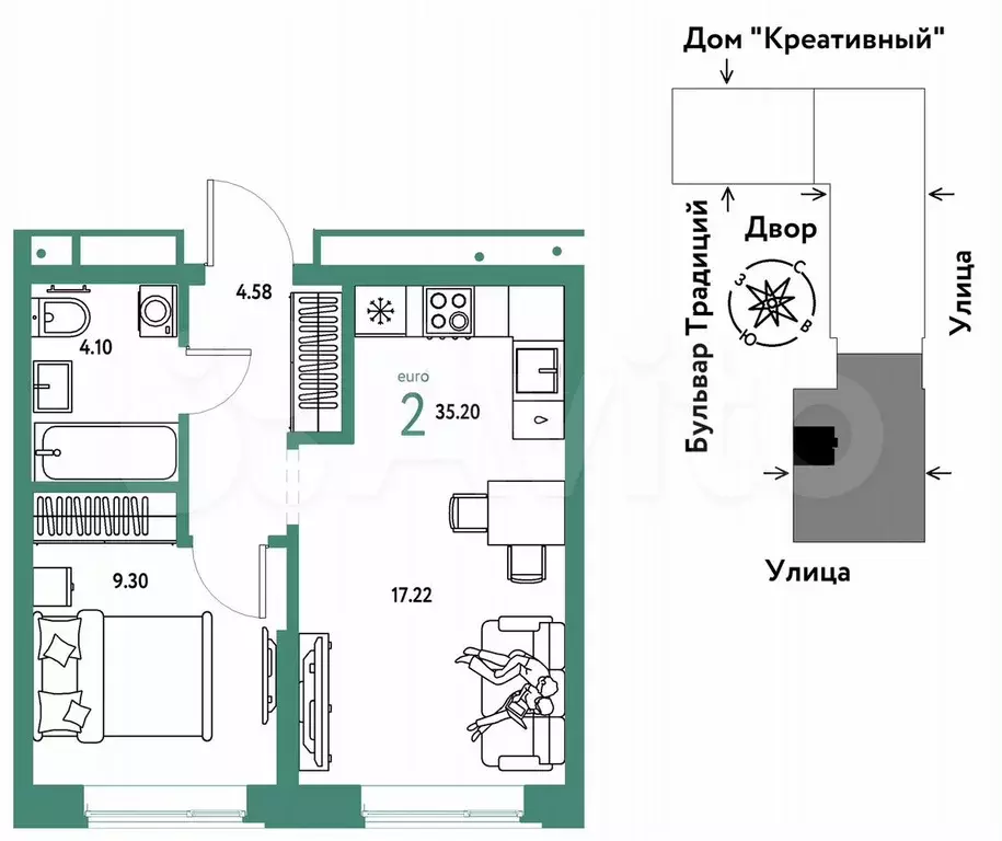 2-к. квартира, 35,2 м, 13/15 эт. - Фото 0