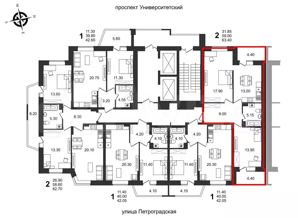 2-к. квартира, 63,4 м, 6/19 эт. - Фото 1