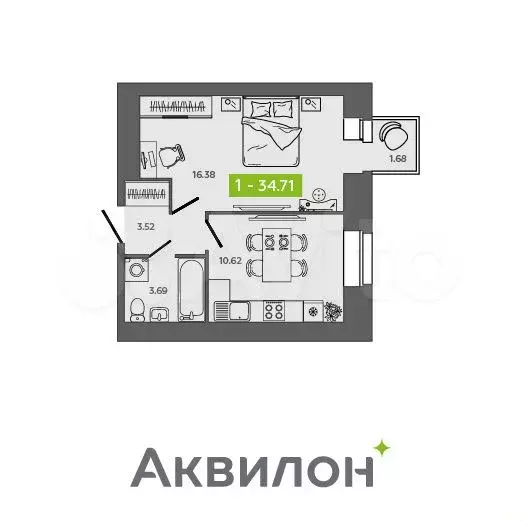 1-к. квартира, 34,7м, 5/9эт. - Фото 1