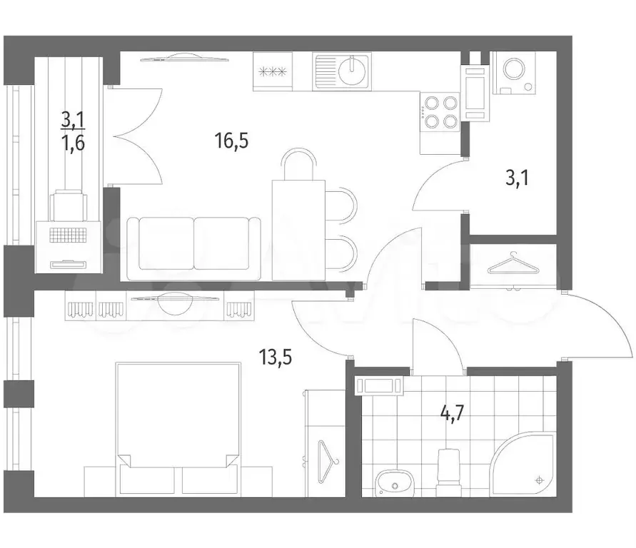 1-к. квартира, 43,5 м, 2/8 эт. - Фото 0