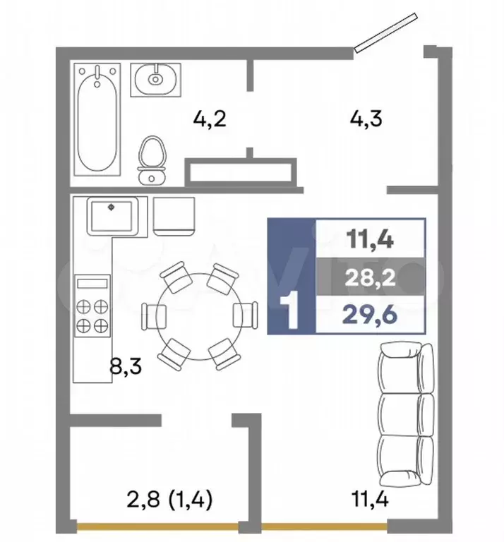 1-к. квартира, 29,6 м, 2/9 эт. - Фото 0