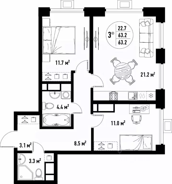 3-к кв. Астраханская область, Астрахань ул. Бэра, 29 (63.2 м) - Фото 1