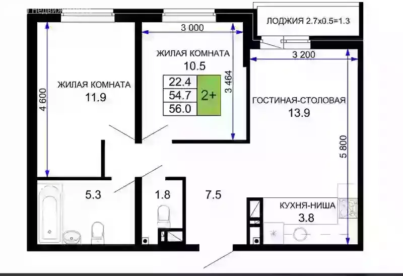 2-комнатная квартира: Краснодар, жилой комплекс Дыхание (56 м) - Фото 0