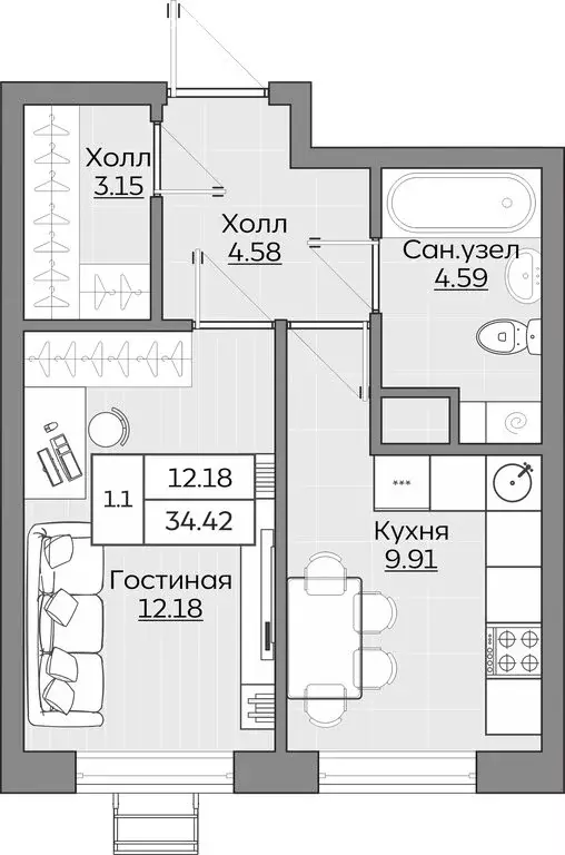 1-комнатная квартира: Казань, ЖК Батталовский (34.41 м) - Фото 0