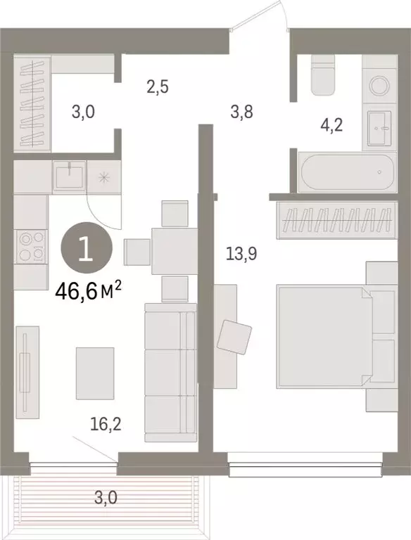 2-комнатная квартира: Тюмень, Мысовская улица, 26к1 (46.57 м) - Фото 0