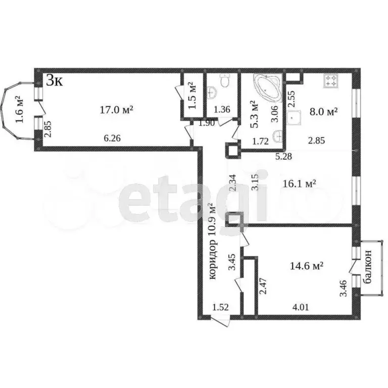 3-к. квартира, 77,1 м, 3/3 эт. - Фото 0