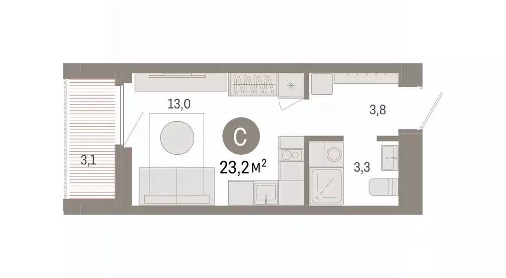 Студия Тюменская область, Тюмень Мысовская ул., 26к2 (23.14 м) - Фото 2