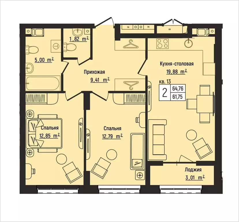 2-комнатная квартира: Нижний Новгород, Литературная улица, 5 (64.76 м) - Фото 1
