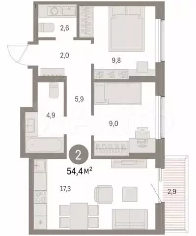 2-к. квартира, 54,4 м, 8/8 эт. - Фото 0