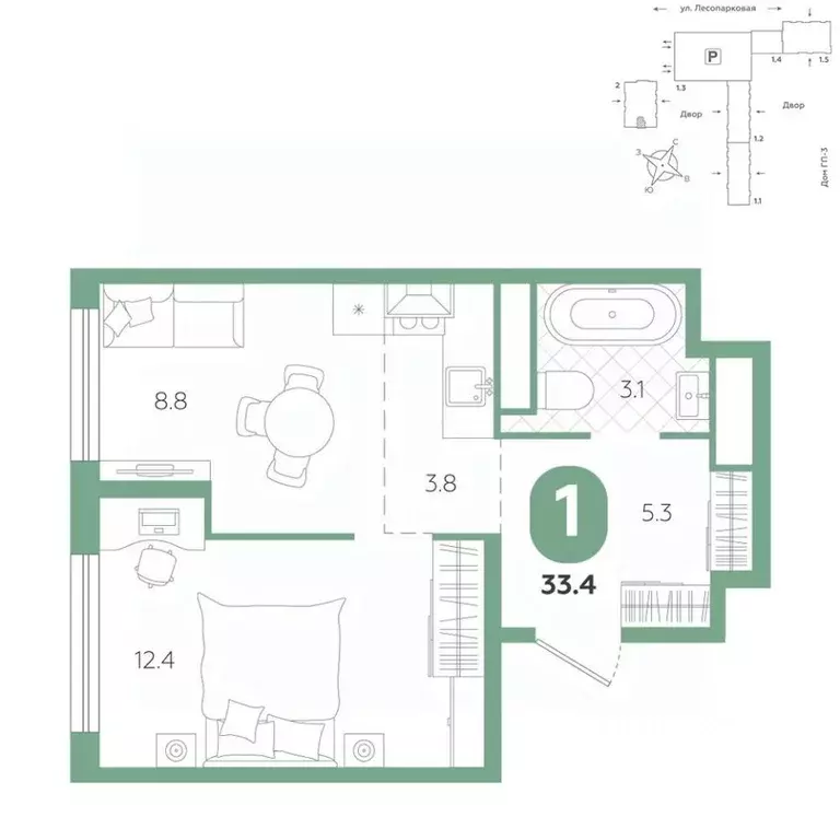 1-к кв. Тюменская область, Тюмень ул. Лесопарковая, 20 (33.4 м) - Фото 1