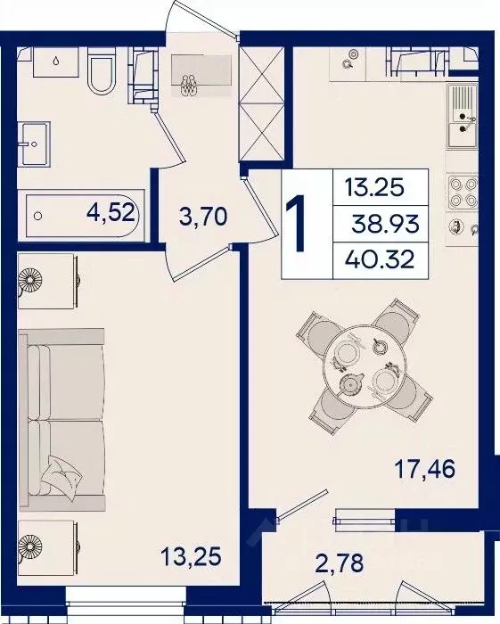 1-к кв. Краснодарский край, Краснодар  (40.32 м) - Фото 1