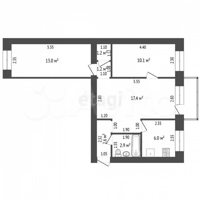 3-к. квартира, 54,2 м, 2/4 эт. - Фото 0