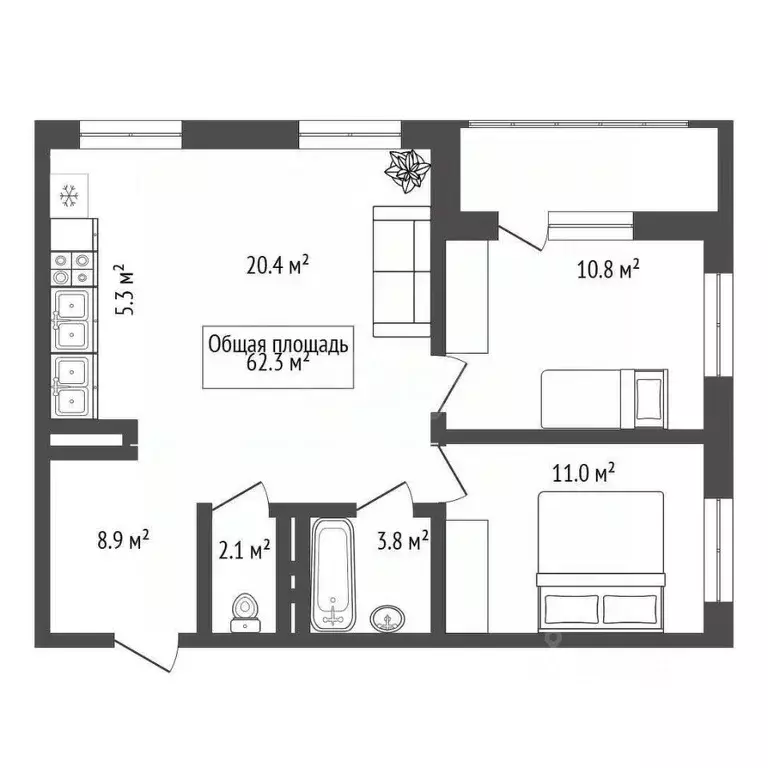 3-к кв. Новосибирская область, Новосибирск ул. Тюленина, 3 (62.3 м) - Фото 1