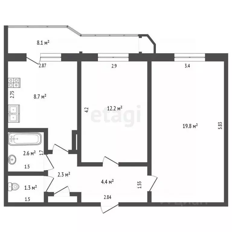 2-к кв. Саха (Якутия), Якутск ул. Чернышевского, 22/1 (51.6 м) - Фото 2