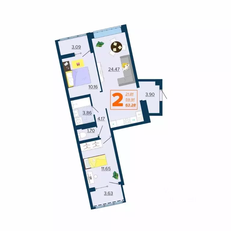 2-к кв. Брянская область, Брянск Московский мкр, 28 (63.28 м) - Фото 1