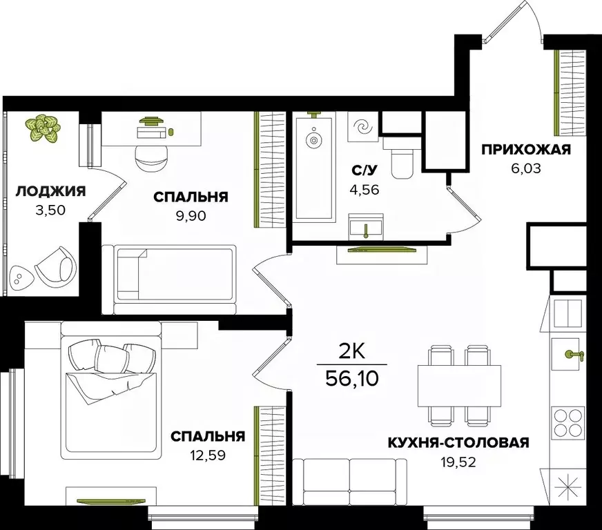 2-к кв. Тульская область, Тула ул. Академика Насоновой, 22 (56.1 м) - Фото 1