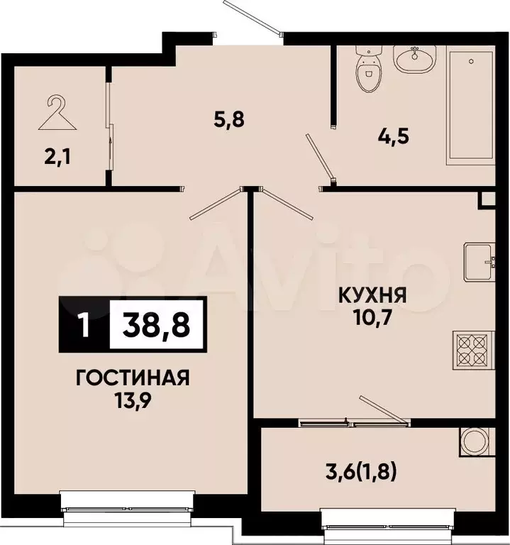 1-к. квартира, 38,8 м, 2/12 эт. - Фото 0