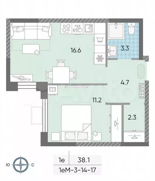 1-к. квартира, 38,1 м, 17/24 эт. - Фото 1