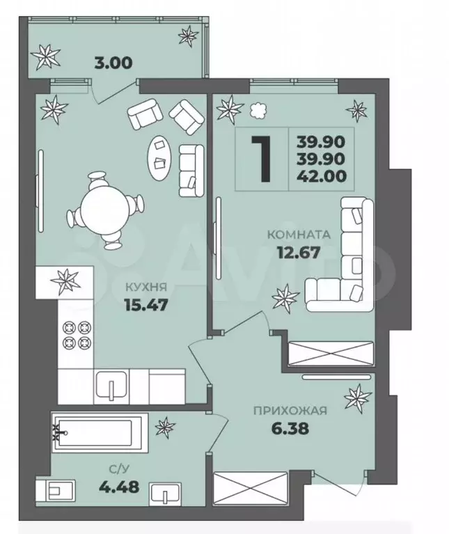 1-к. квартира, 39,9 м, 7/8 эт. - Фото 1