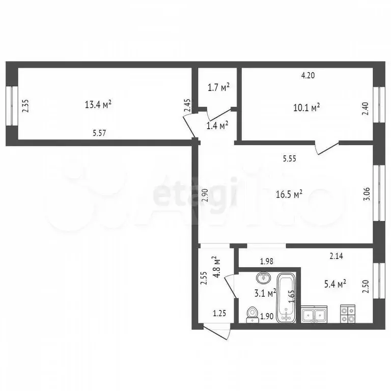 3-к. квартира, 56,4 м, 1/5 эт. - Фото 0