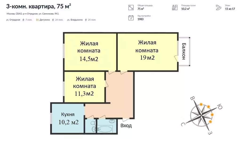 3-к кв. Москва ул. Санникова, 9К1 (75.0 м) - Фото 2