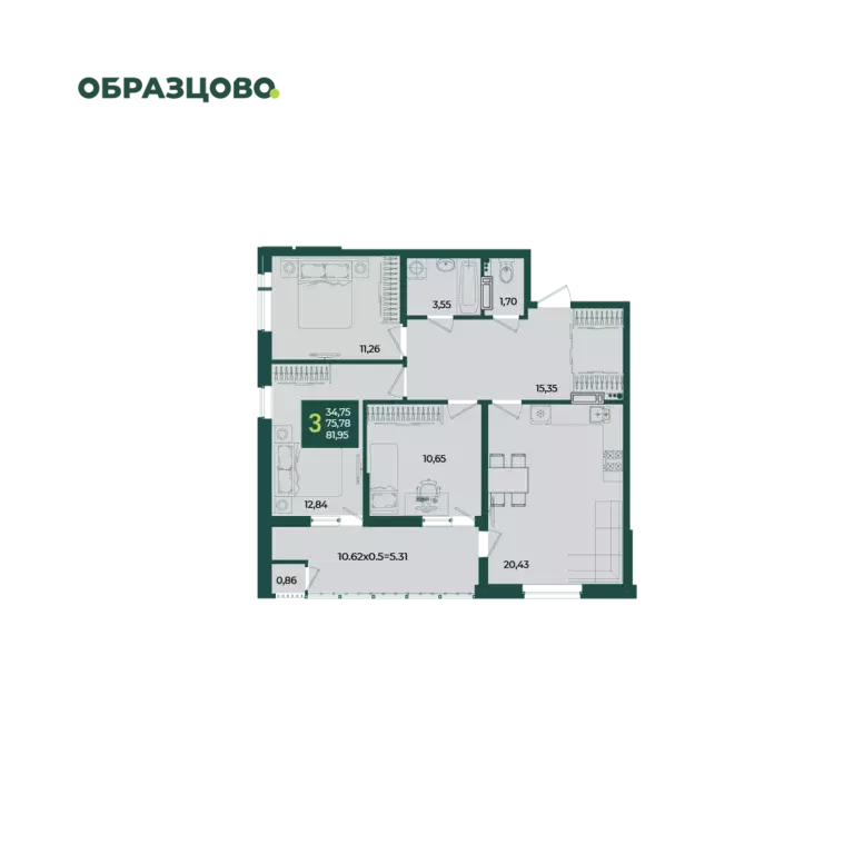 3-к квартира, 81.95 м - Фото 0