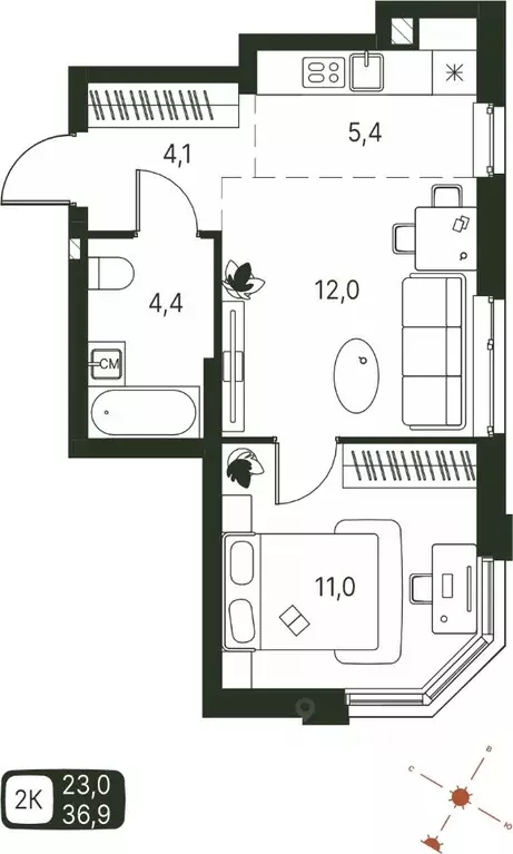 Студия Пермский край, Пермь ул. Серебристая, 1 (36.9 м) - Фото 1