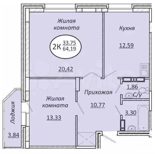 2-к. квартира, 64,2 м, 5/25 эт. - Фото 0