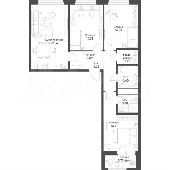 3-к. квартира, 90 м, 7/15 эт. - Фото 1