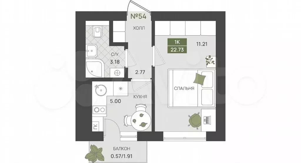 1-к. квартира, 22,7 м, 1/5 эт. - Фото 1