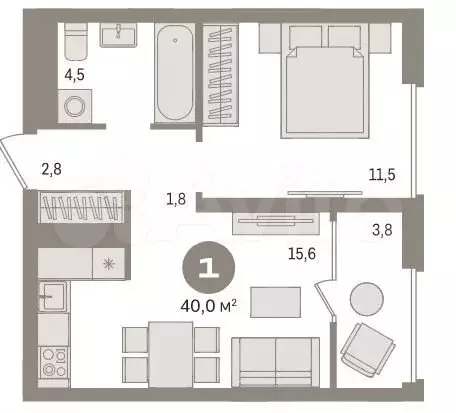 1-к. квартира, 40м, 2/9эт. - Фото 1