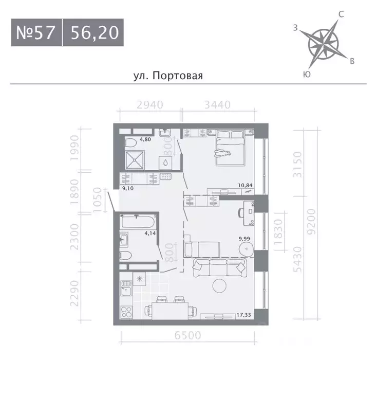 2-к кв. Татарстан, Казань Живи на Портовой жилой комплекс (56.2 м) - Фото 0