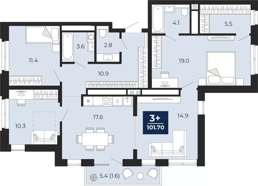 3-комнатная квартира: Тюмень, ЖК Мириады (103.88 м) - Фото 0