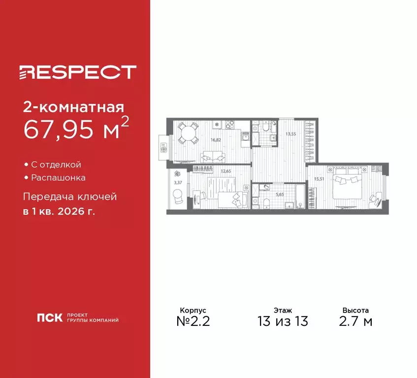 2-к кв. Санкт-Петербург Полюстровский просп., 87 (67.95 м) - Фото 0