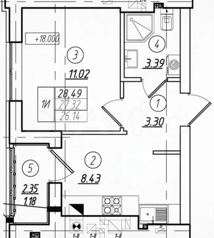 1-к. квартира, 27,3 м, 5/8 эт. - Фото 1
