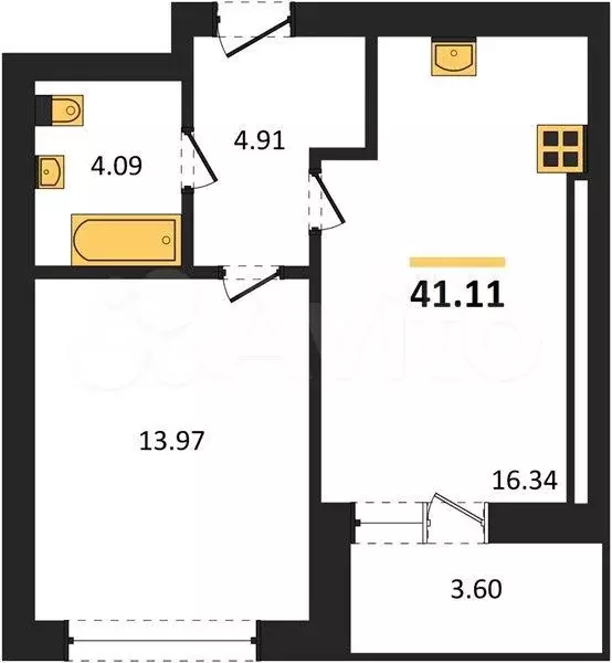 1-к. квартира, 41,1 м, 3/9 эт. - Фото 1