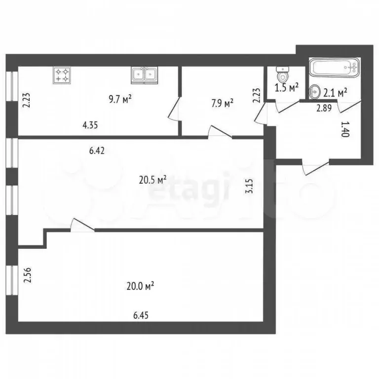 Доля в 2-к. квартире, 61,8 м, 2/6 эт. - Фото 0