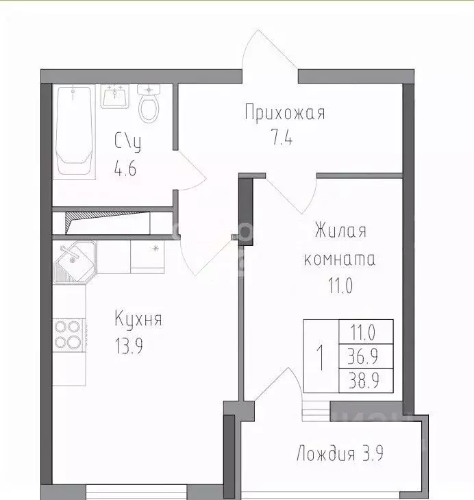 1-к кв. Липецкая область, Липецк ул. Тельмана, 120 (38.9 м) - Фото 2