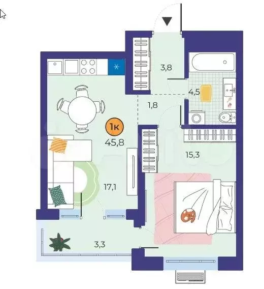 1-к. квартира, 44,5 м, 2/7 эт. - Фото 1