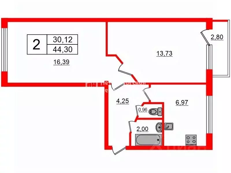 2-к кв. Санкт-Петербург Будапештская ул., 43К1 (44.3 м) - Фото 1