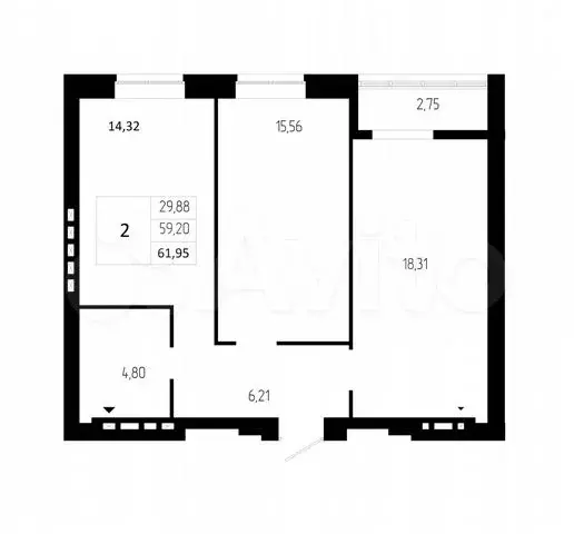 2-к. квартира, 62 м, 8/9 эт. - Фото 0